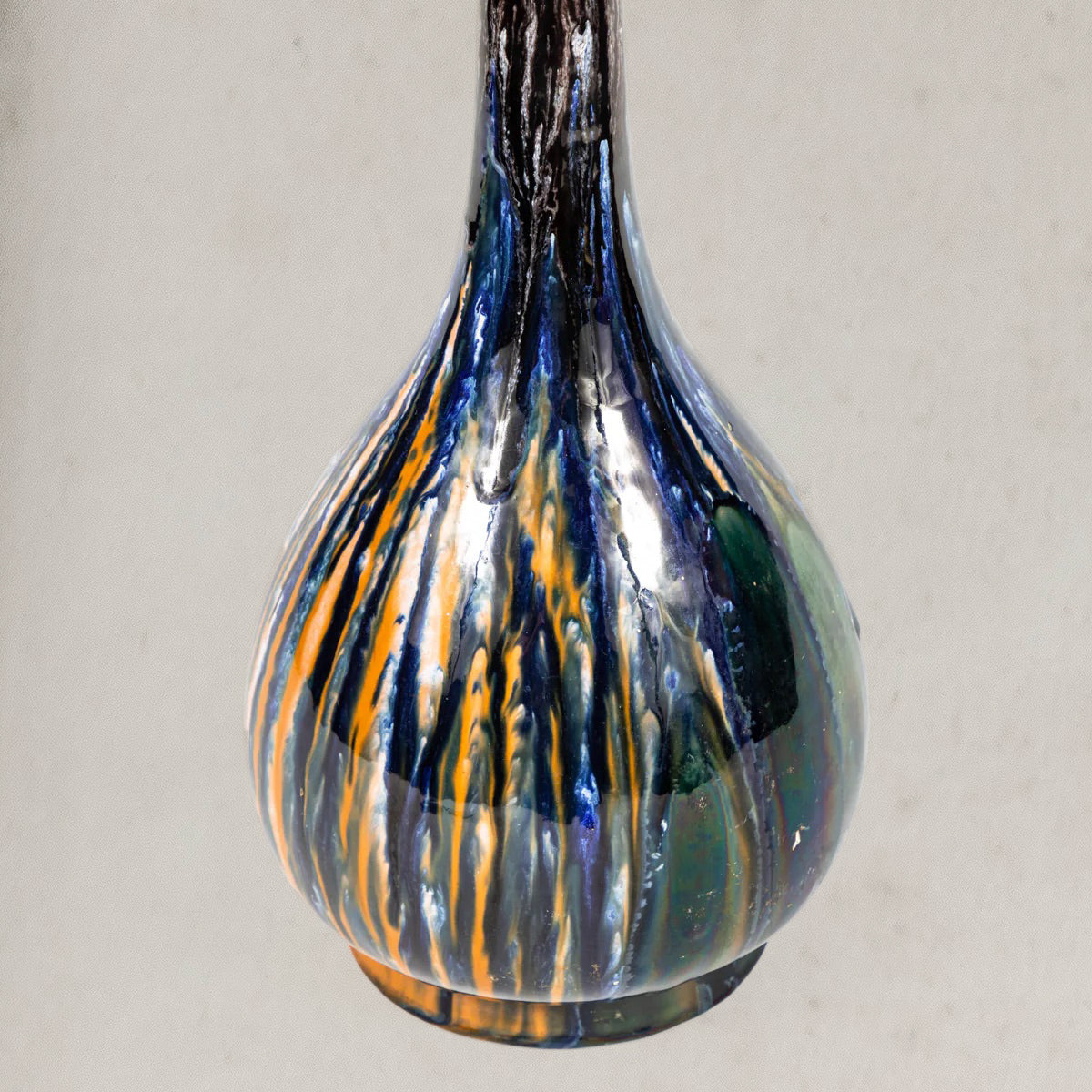 Antique English drip-glaze vase with elongated neck and multicolored vertical pattern, circa 1870, bottom