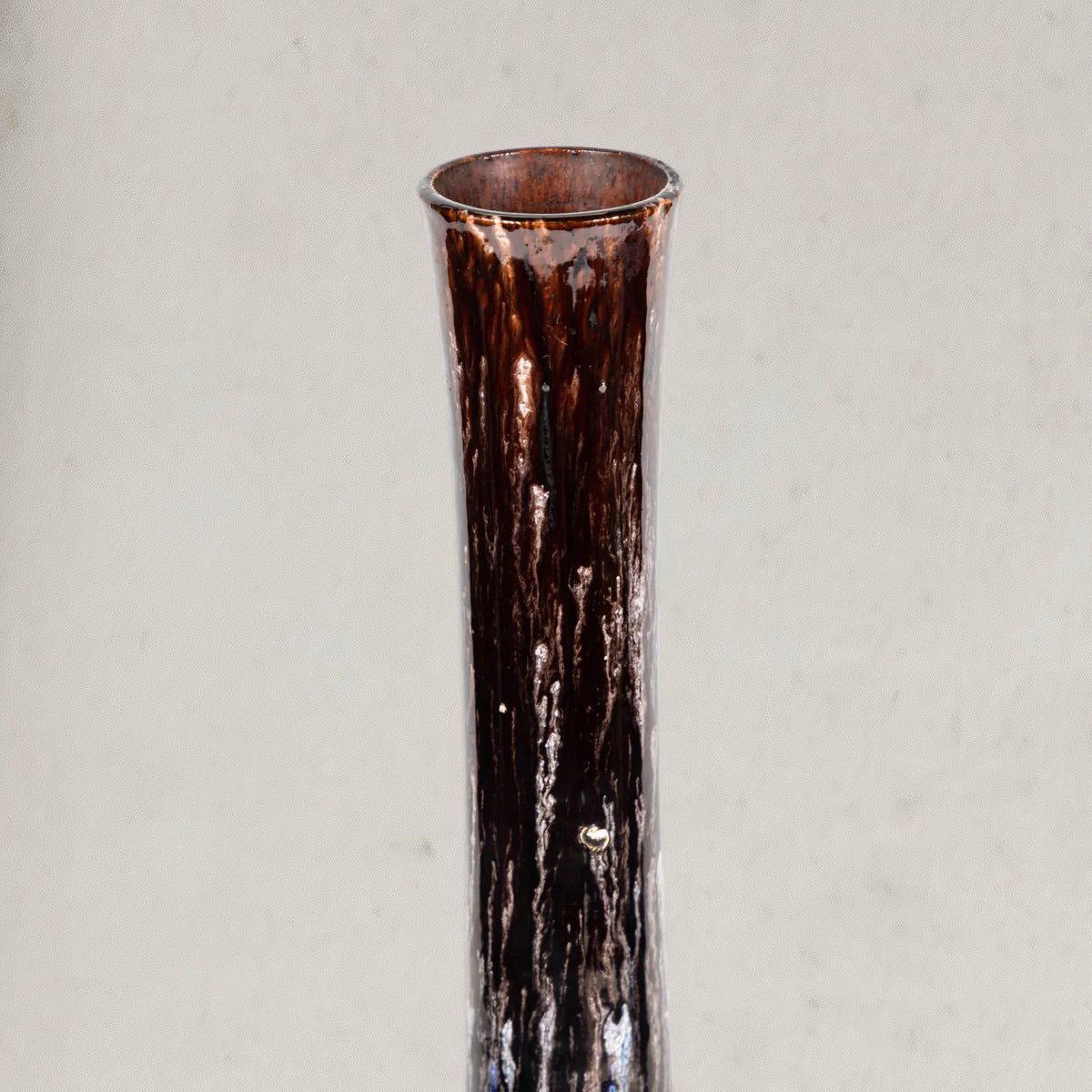 Antique English drip-glaze vase with elongated neck and multicolored vertical pattern, circa 1870, top
