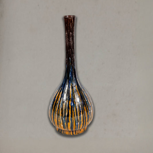 Antique English drip-glaze vase with elongated neck and multicolored vertical pattern, circa 1870