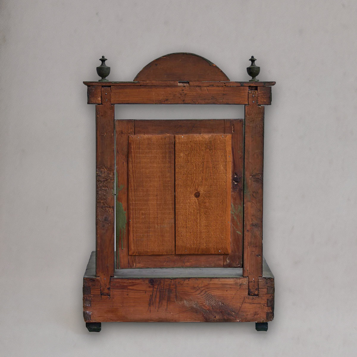 Antique English painted dressing mirror with drawer and original mottled glass, circa 1840, rear view