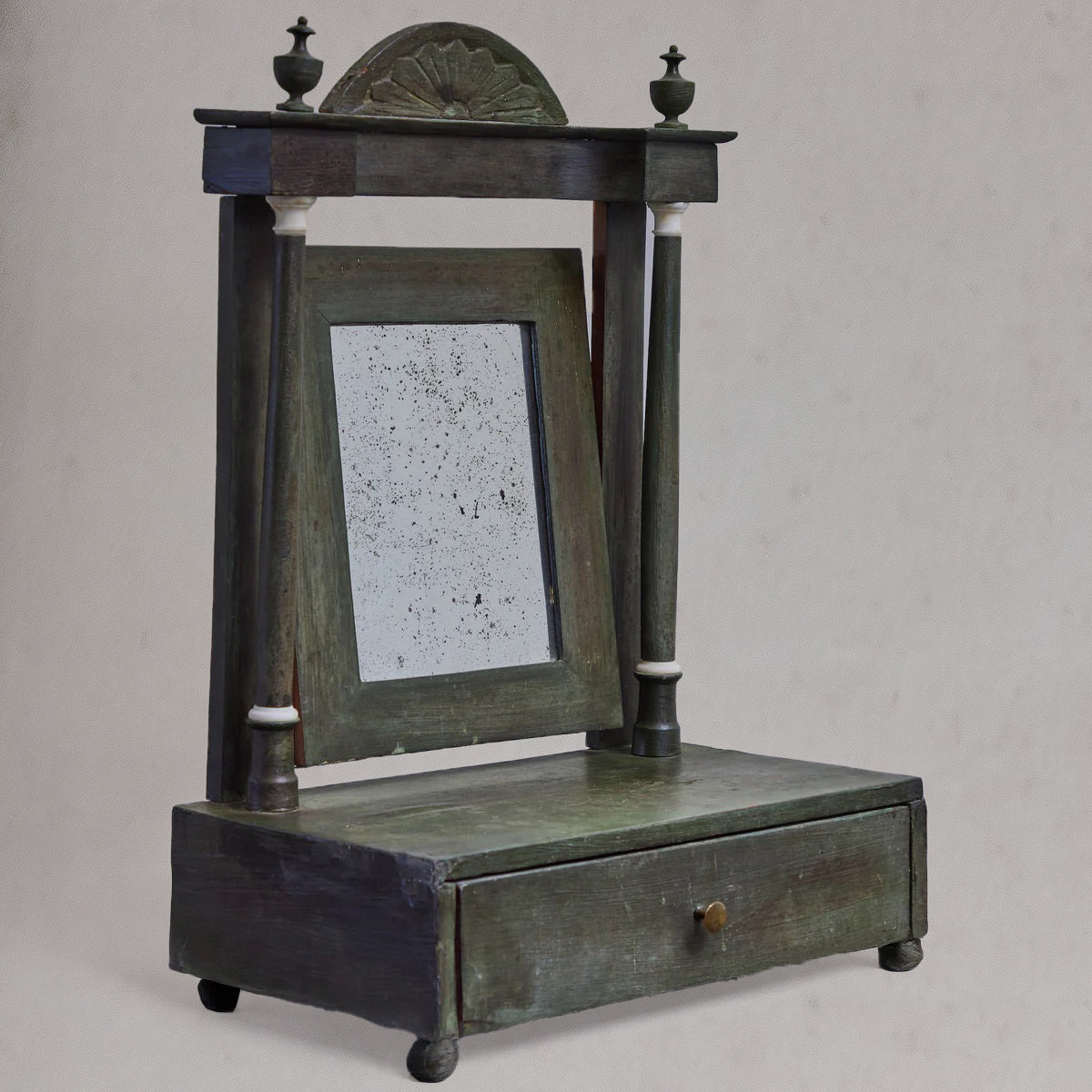 Antique English painted dressing mirror with drawer and original mottled glass, circa 1840, profile view