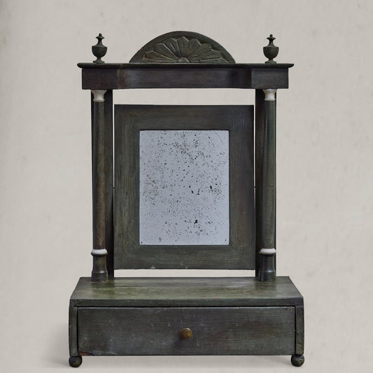 Antique English painted dressing mirror with drawer and original mottled glass, circa 1840