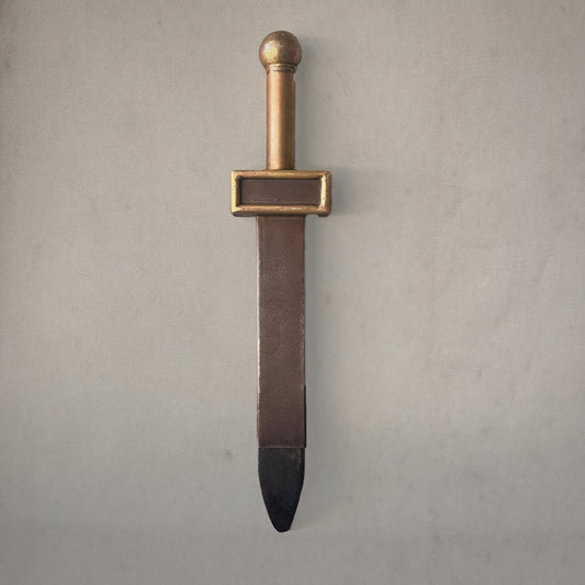 19th-century English theatrical sword with brass handle and collapsible metal blade