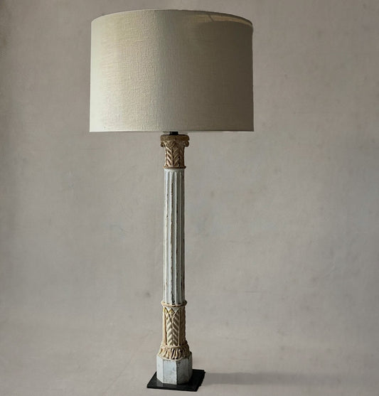 French carved wood column lamp with fluted shaft and acanthus leaf details, circa 1880