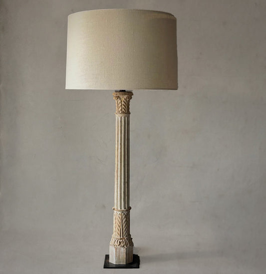 French carved wood column lamp with fluted shaft and acanthus leaf details, circa 1880