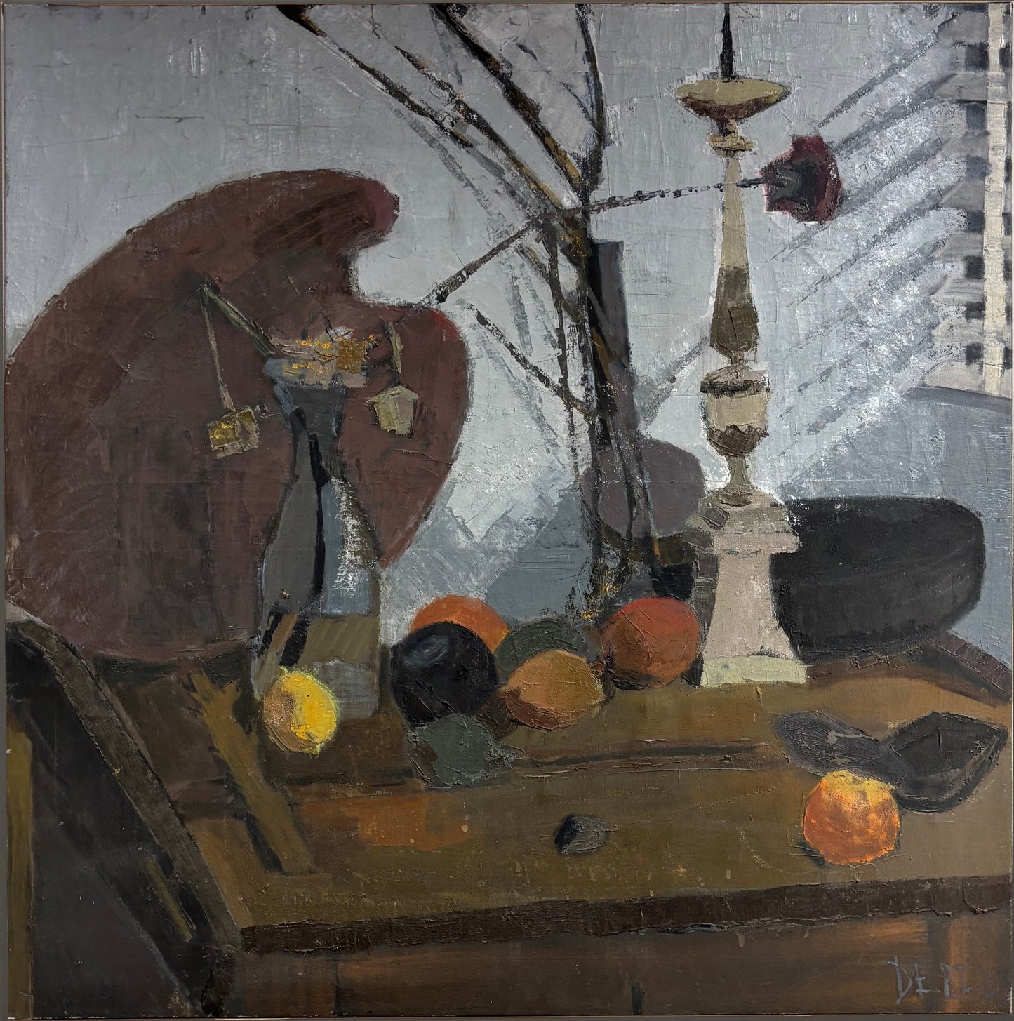 French Cubist still-life oil painting with fruit, candlestick, and palette, circa 1900