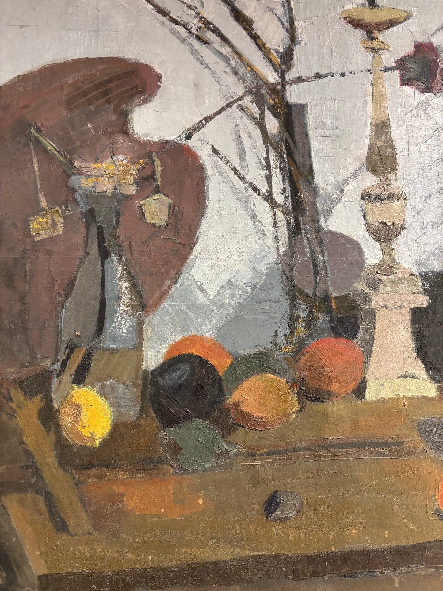 French Cubist still-life oil painting with fruit, candlestick, and palette, circa 1900