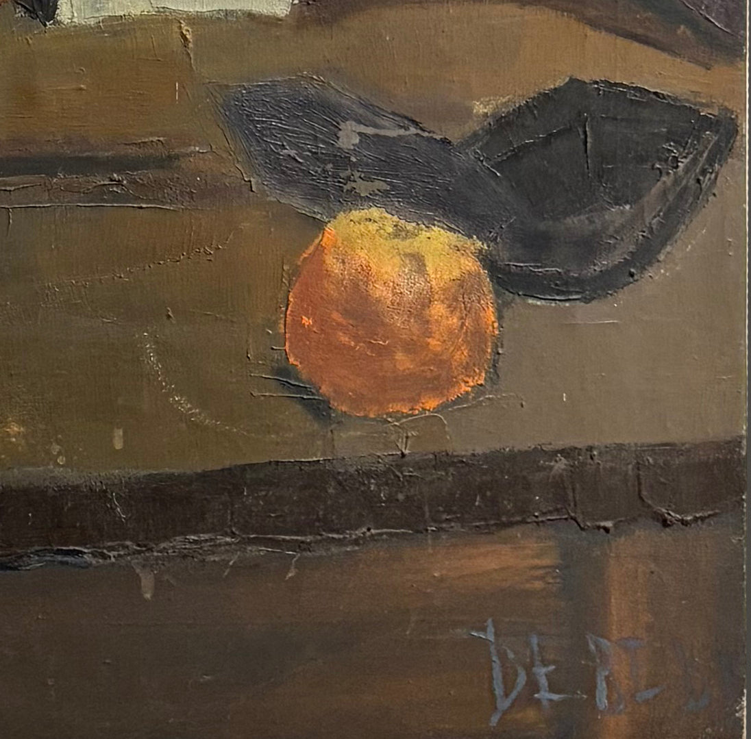 French Cubist still-life oil painting with fruit, candlestick, and palette, circa 1900, signature