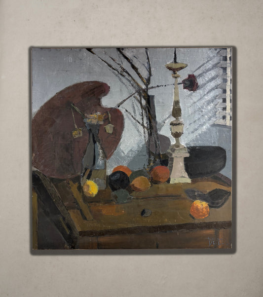 French Cubist still-life oil painting with fruit, candlestick, and palette, circa 1900