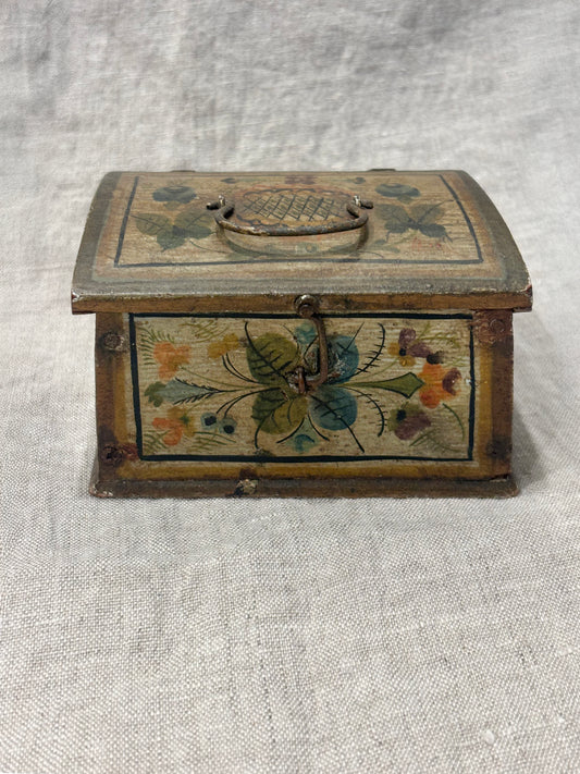 Antique hand-painted miniature chest with floral folk art design, circa 1880