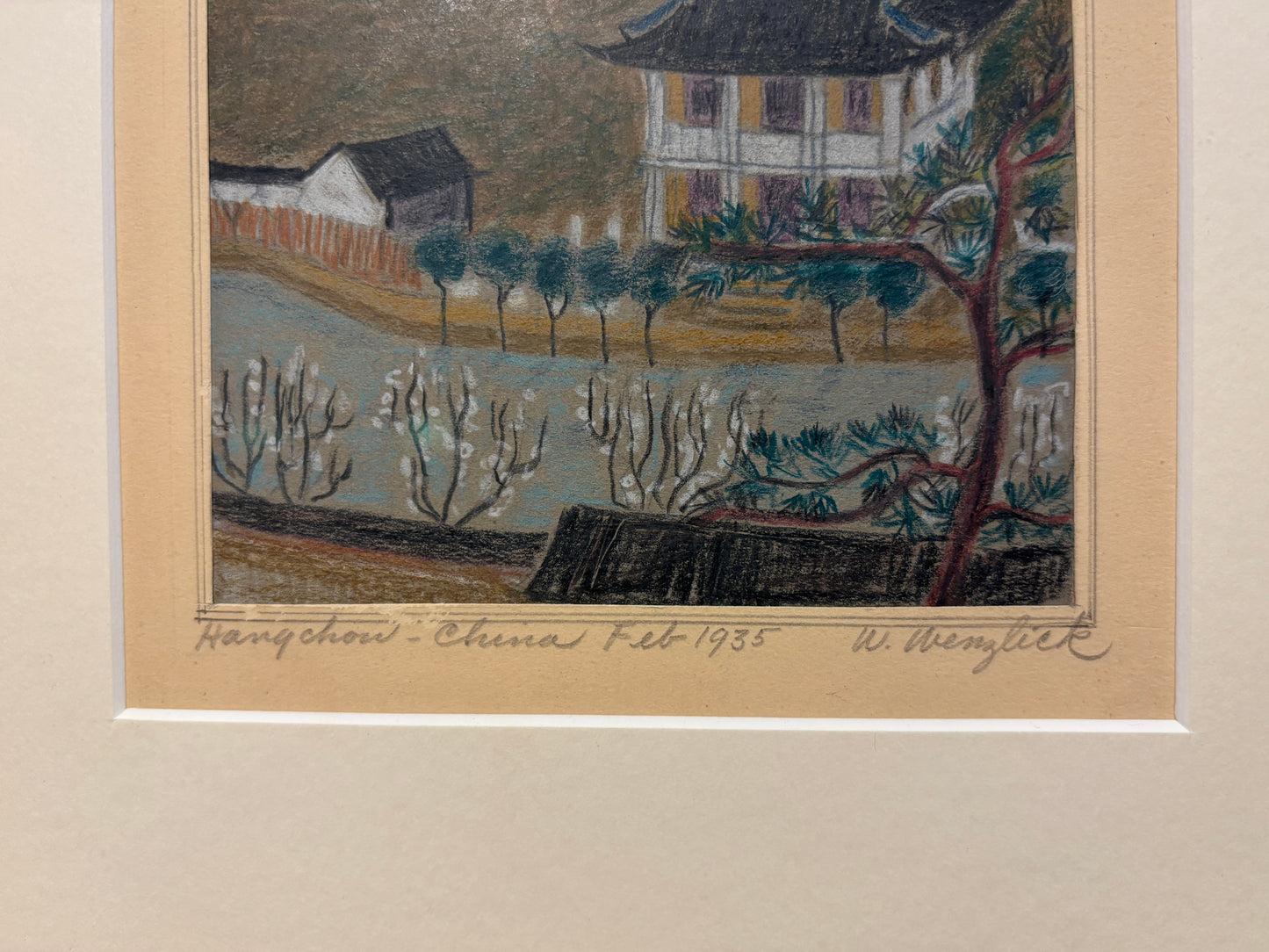 drawing of Hangzhou riverside scene by Winona Wenzlick Sands, signed February 1935, detail