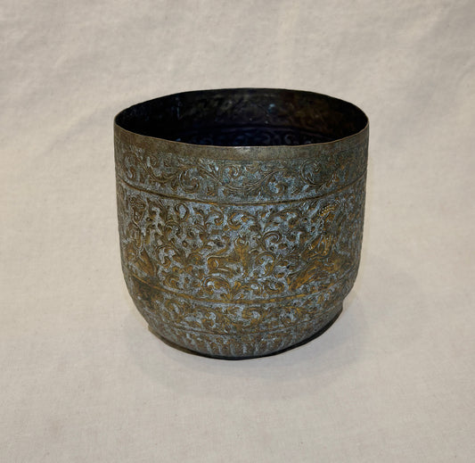 Hand-engraved Indian brass vessel with Mughal-inspired figures and floral motifs