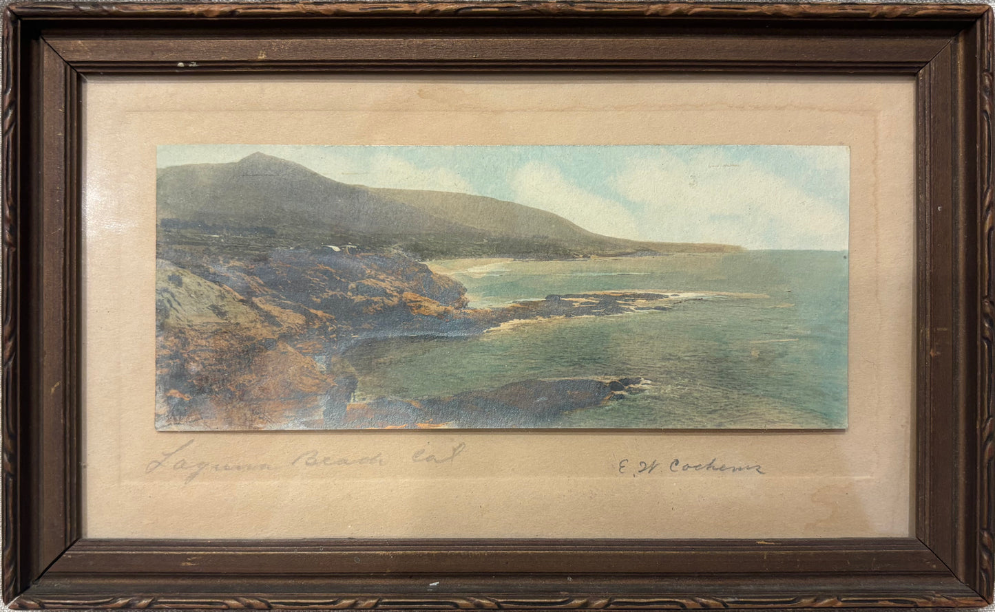 Hand-colored coastal photograph of Laguna Beach by E.H. Cochrane in original antique wood frame, zoom