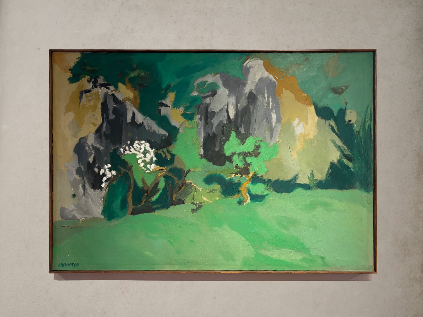 Abstract green landscape oil painting signed Lindsay 1969, expressive American postwar art, background