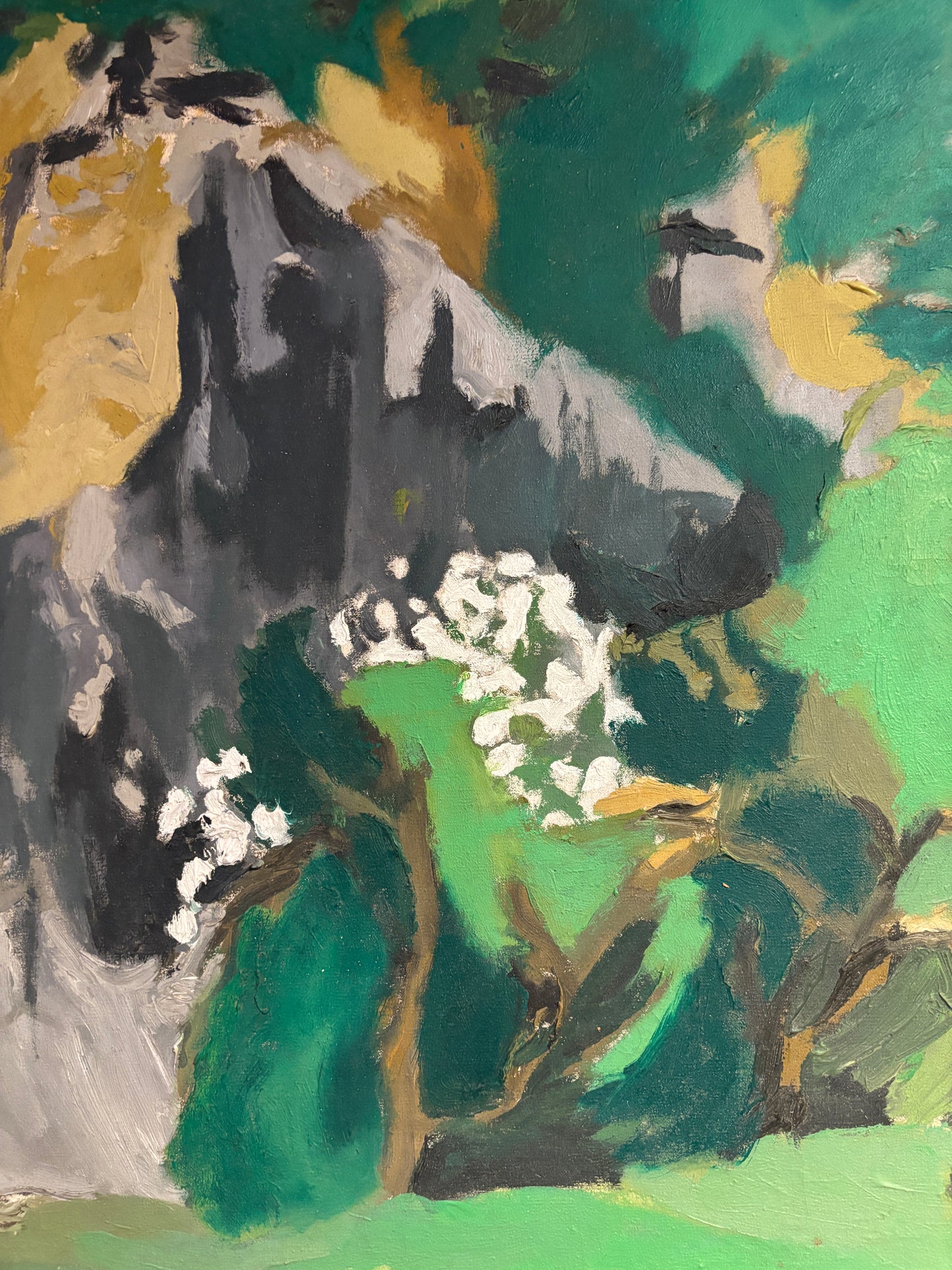 Abstract green landscape oil painting signed Lindsay 1969, expressive American postwar art, detail