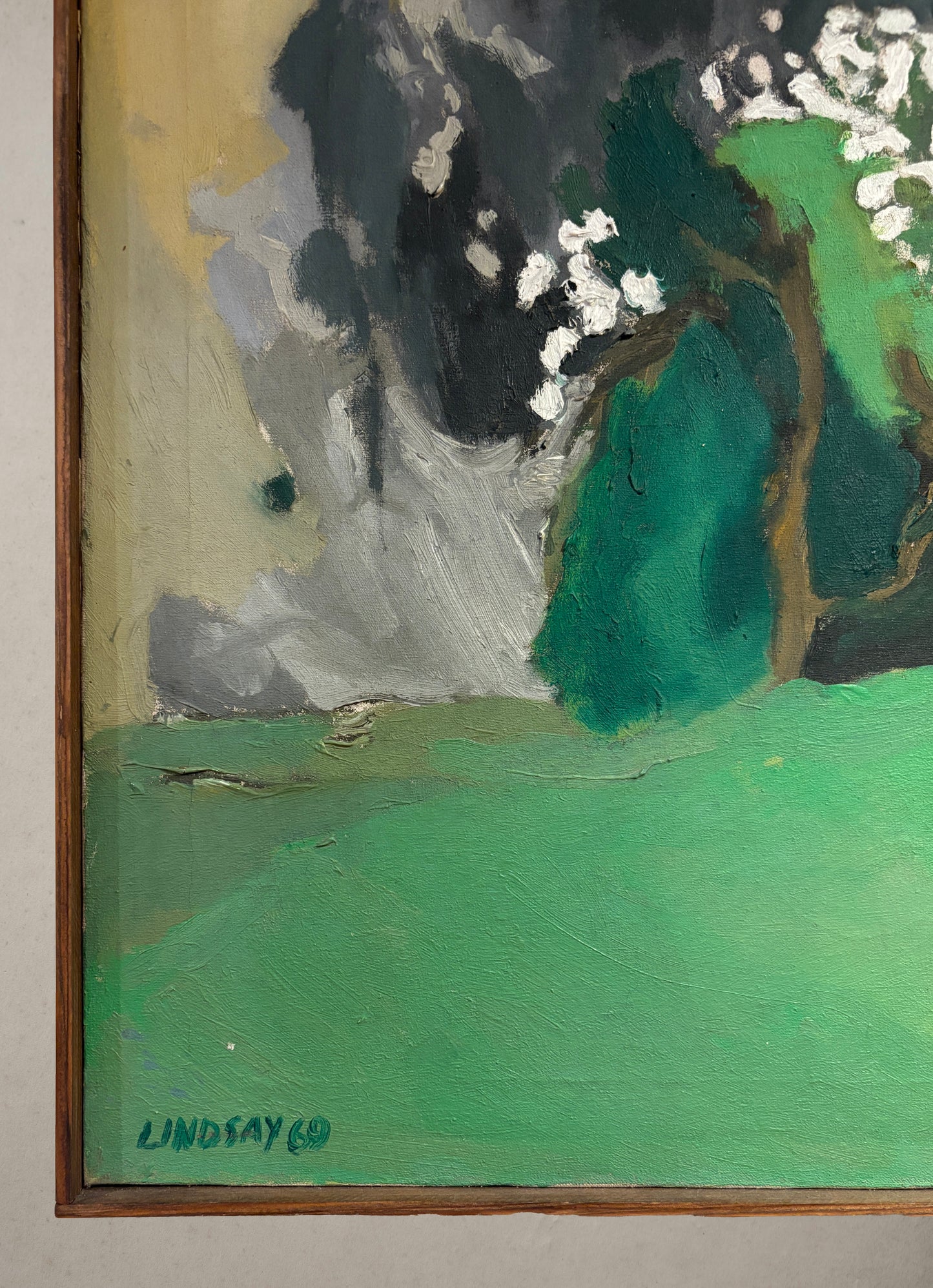 Abstract green landscape oil painting signed Lindsay 1969, expressive American postwar art, signature
