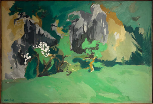 Abstract green landscape oil painting signed Lindsay 1969, expressive American postwar art