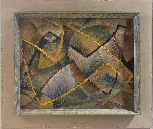 Abstract oil painting by Martin Nissen with textured brushwork and intersecting yellow lines, circa 1960