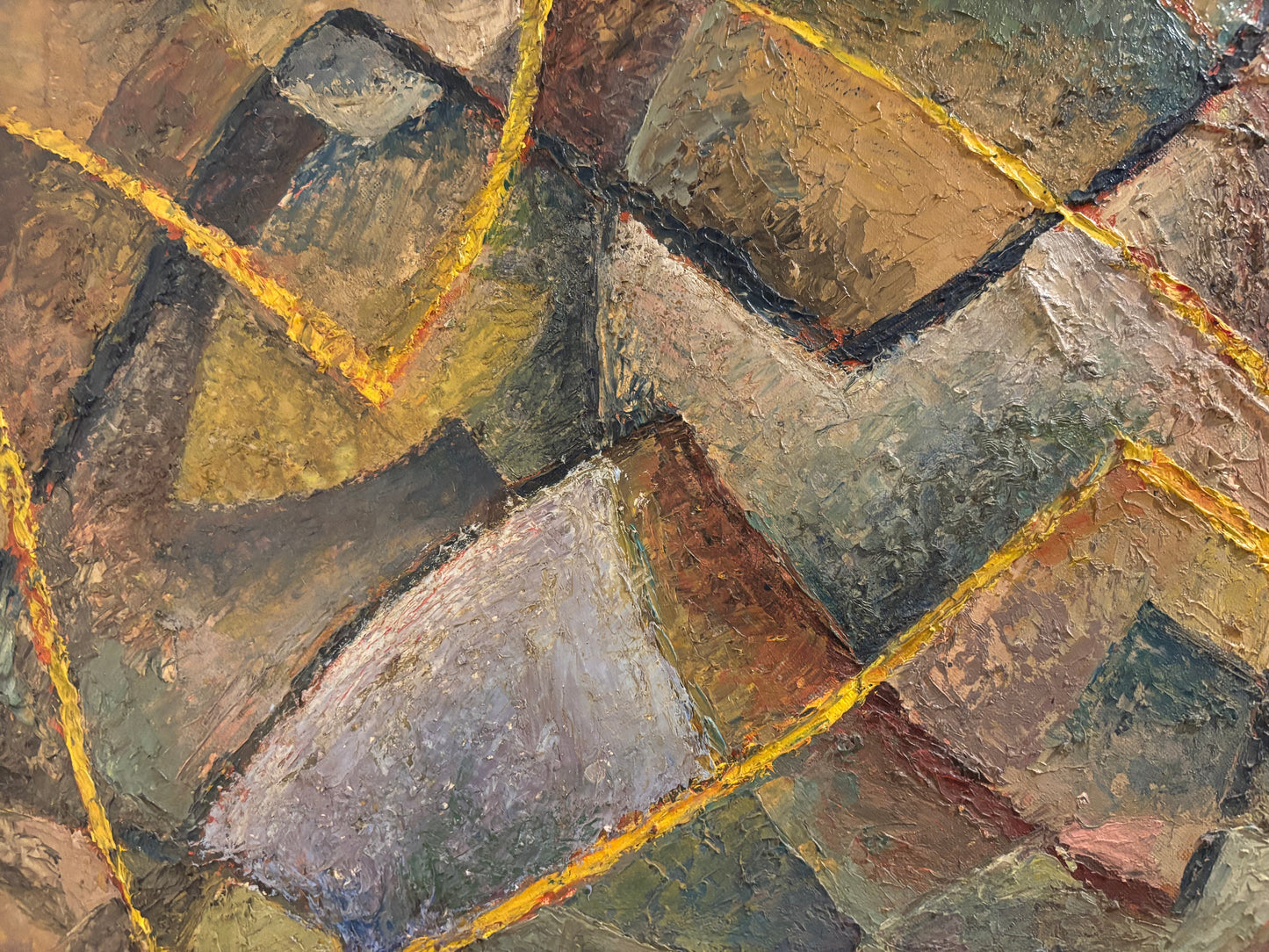 Abstract oil painting by Martin Nissen with textured brushwork and intersecting yellow lines, circa 1960, detail
