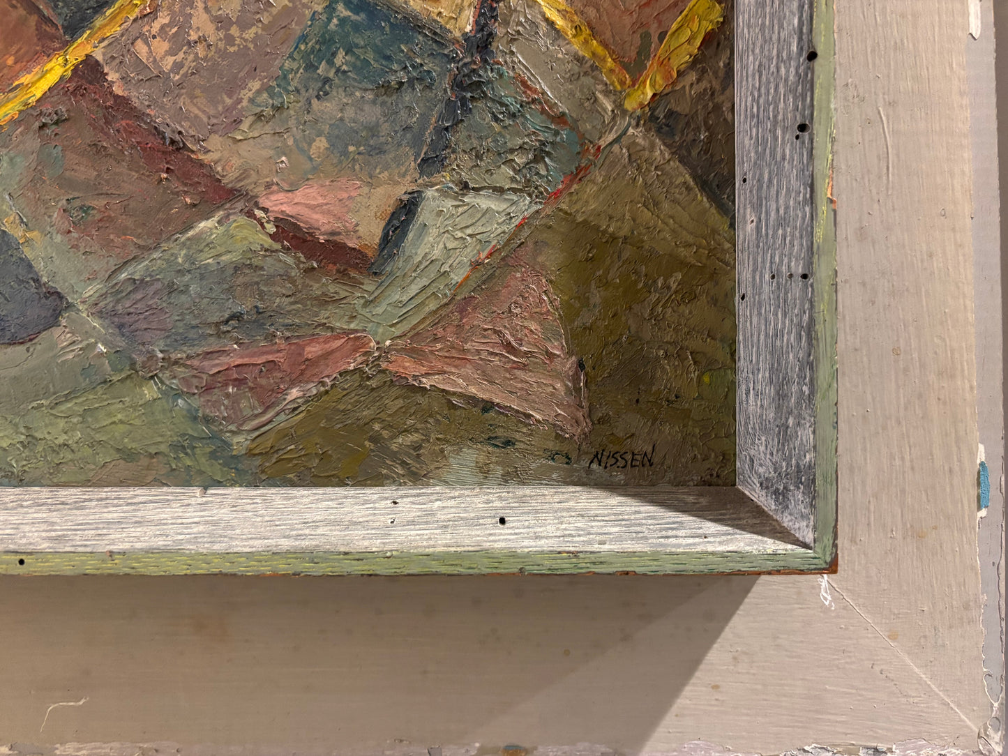 Abstract oil painting by Martin Nissen with textured brushwork and intersecting yellow lines, circa 1960, signature