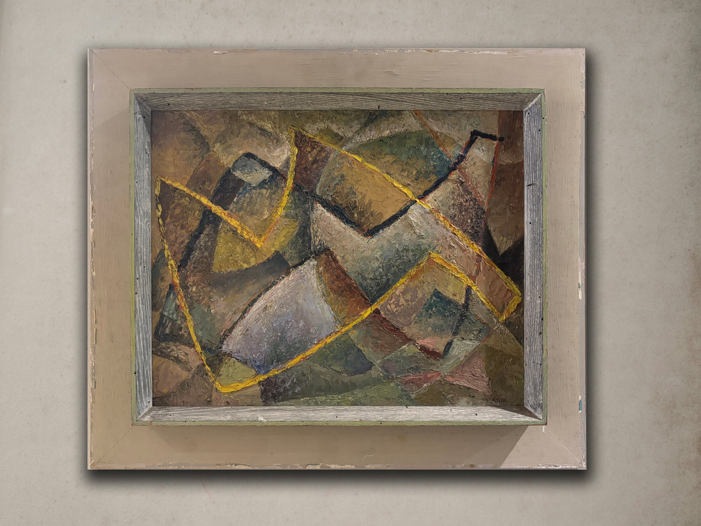 Abstract oil painting by Martin Nissen with textured brushwork and intersecting yellow lines, circa 1960