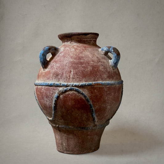 Mexican hand-painted terra-cotta vessel with blue detailing and three loop handles, 1980