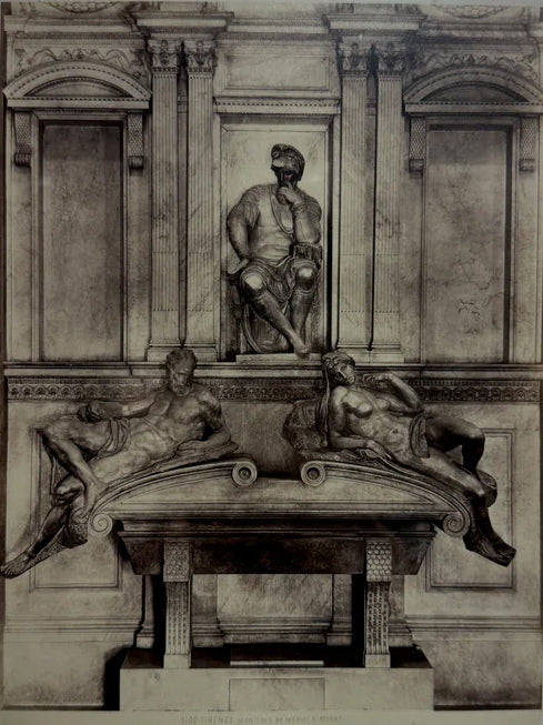 Heliogravure of Michelangelo’s Medici Tomb with seated Lorenzo de’ Medici and reclining figures, circa 1900, close up