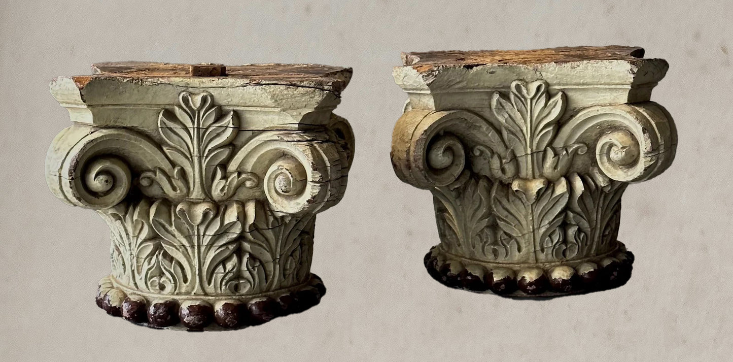 Pair of Painted Italian Wood Capitals – Carved Architectural Fragments, 1820