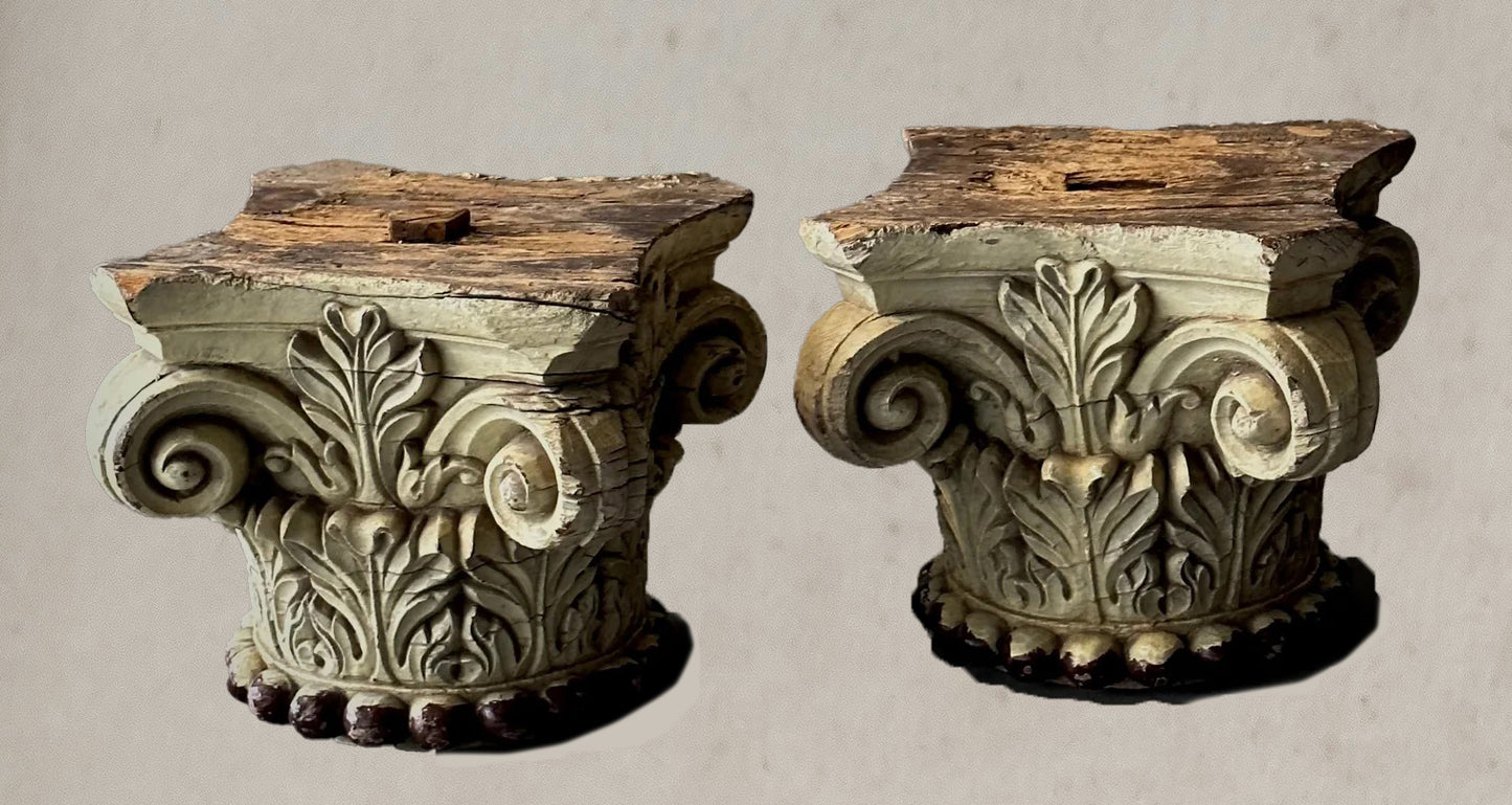Pair of Painted Italian Wood Capitals – Carved Architectural Fragments, 1820