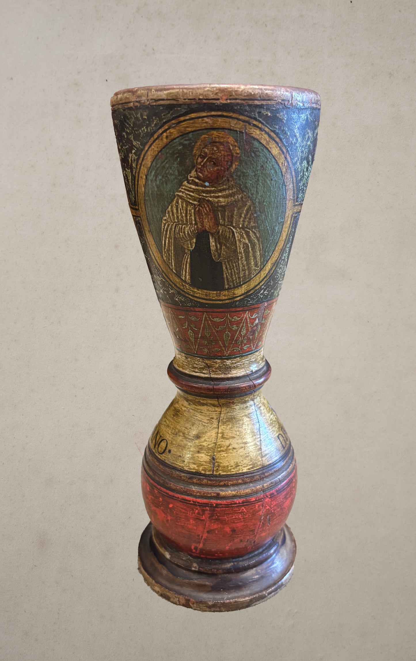 Painted wooden chalice with religious figures and Latin inscriptions, San Galgano Abbey, circa 1600, galgano