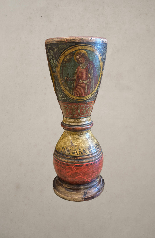Painted wooden chalice with religious figures and Latin inscriptions, San Galgano Abbey, circa 1600, saint 1