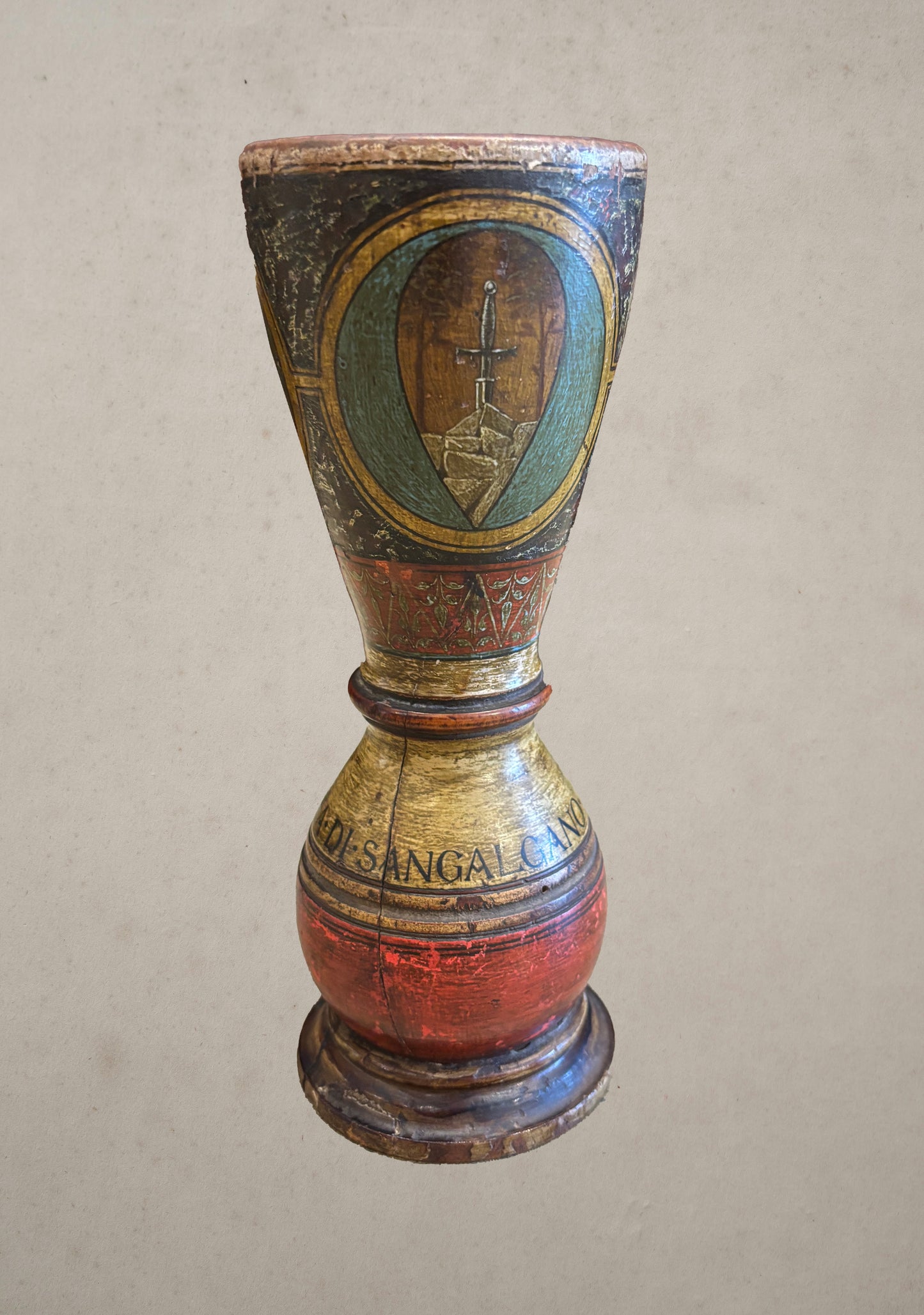 Painted wooden chalice with religious figures and Latin inscriptions, San Galgano Abbey, circa 1600, sword