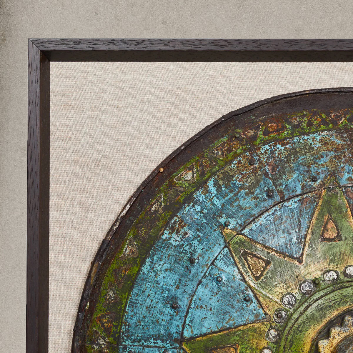 Framed theatrical shield prop with turquoise and green patina from Pinewood Studios, England, circa 1900