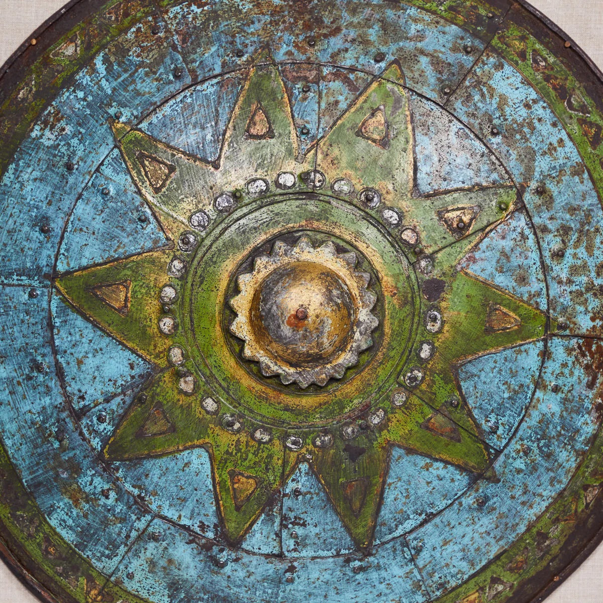 Framed theatrical shield prop with turquoise and green patina from Pinewood Studios, England, circa 1900