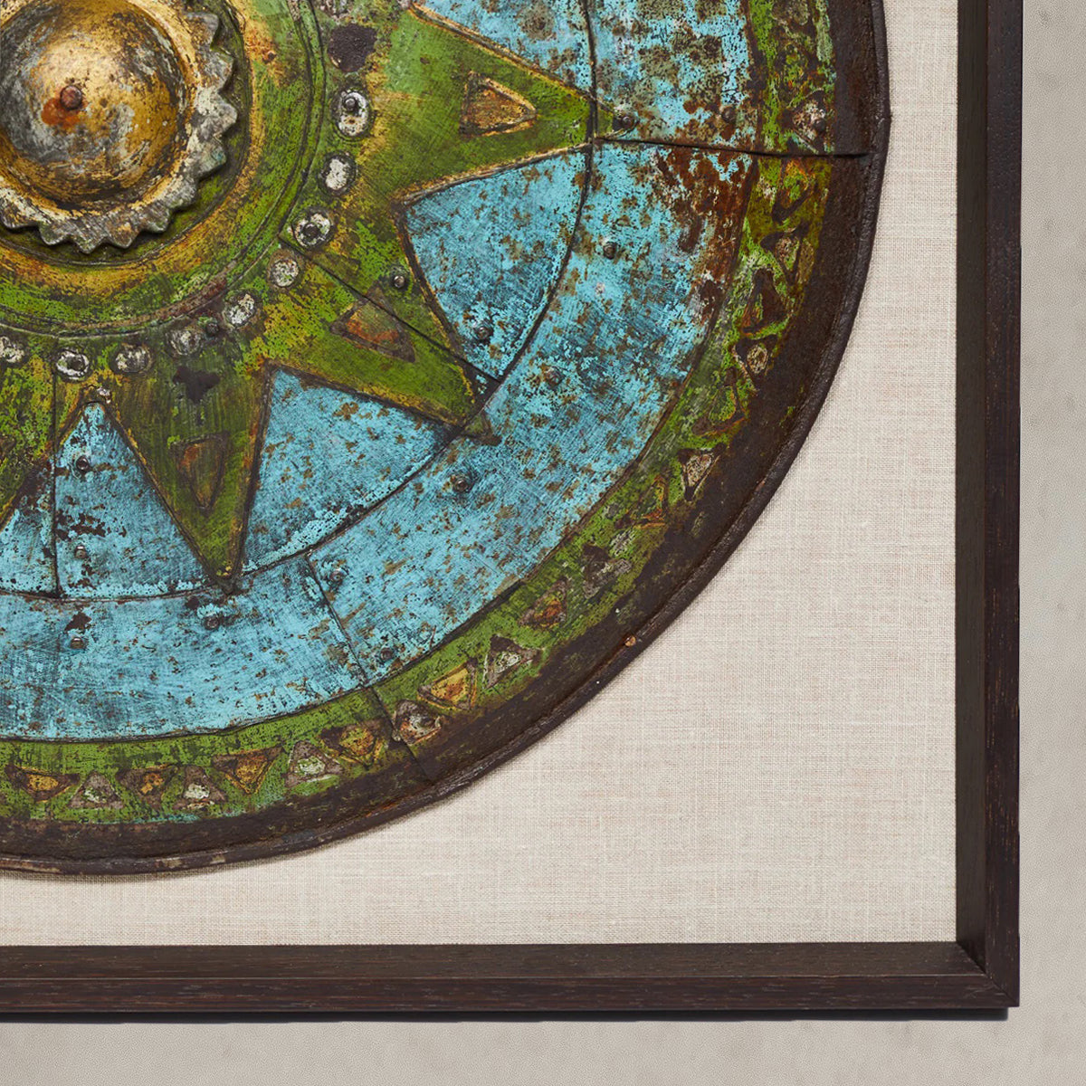Framed theatrical shield prop with turquoise and green patina from Pinewood Studios, England, circa 1900