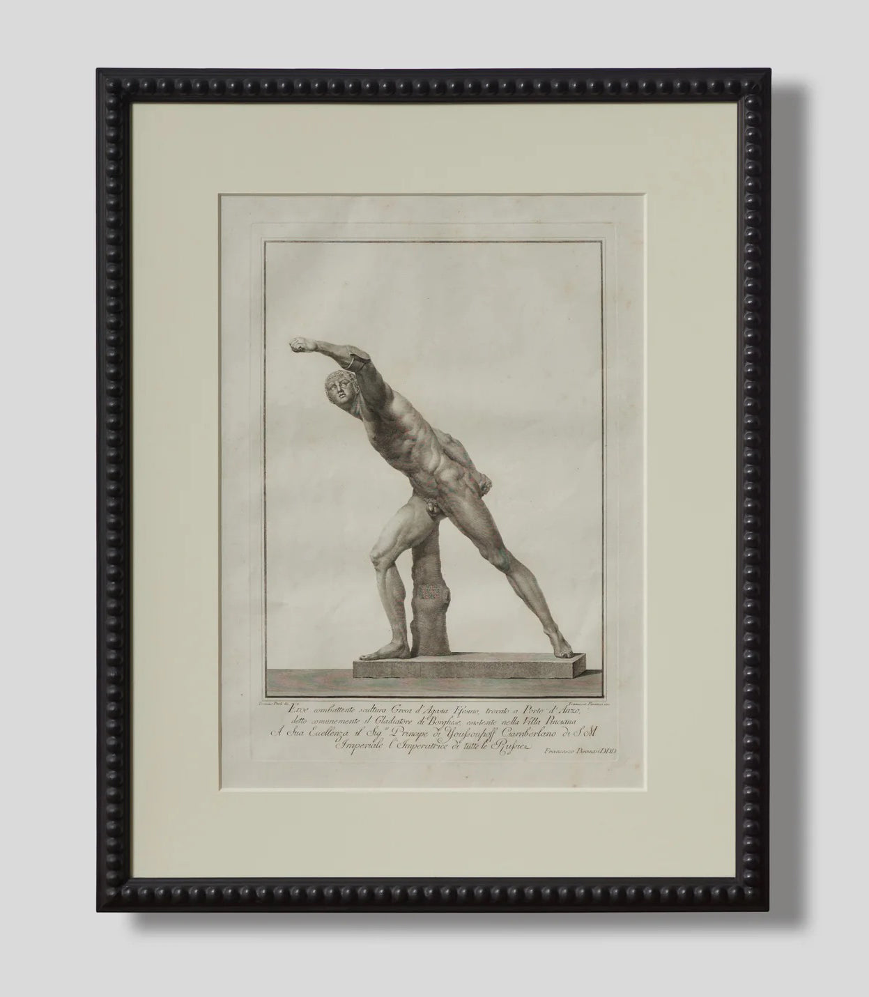 Francesco Piranesi engraving of Borghese Gladiator, Italian neoclassical print, circa 1800, on wall