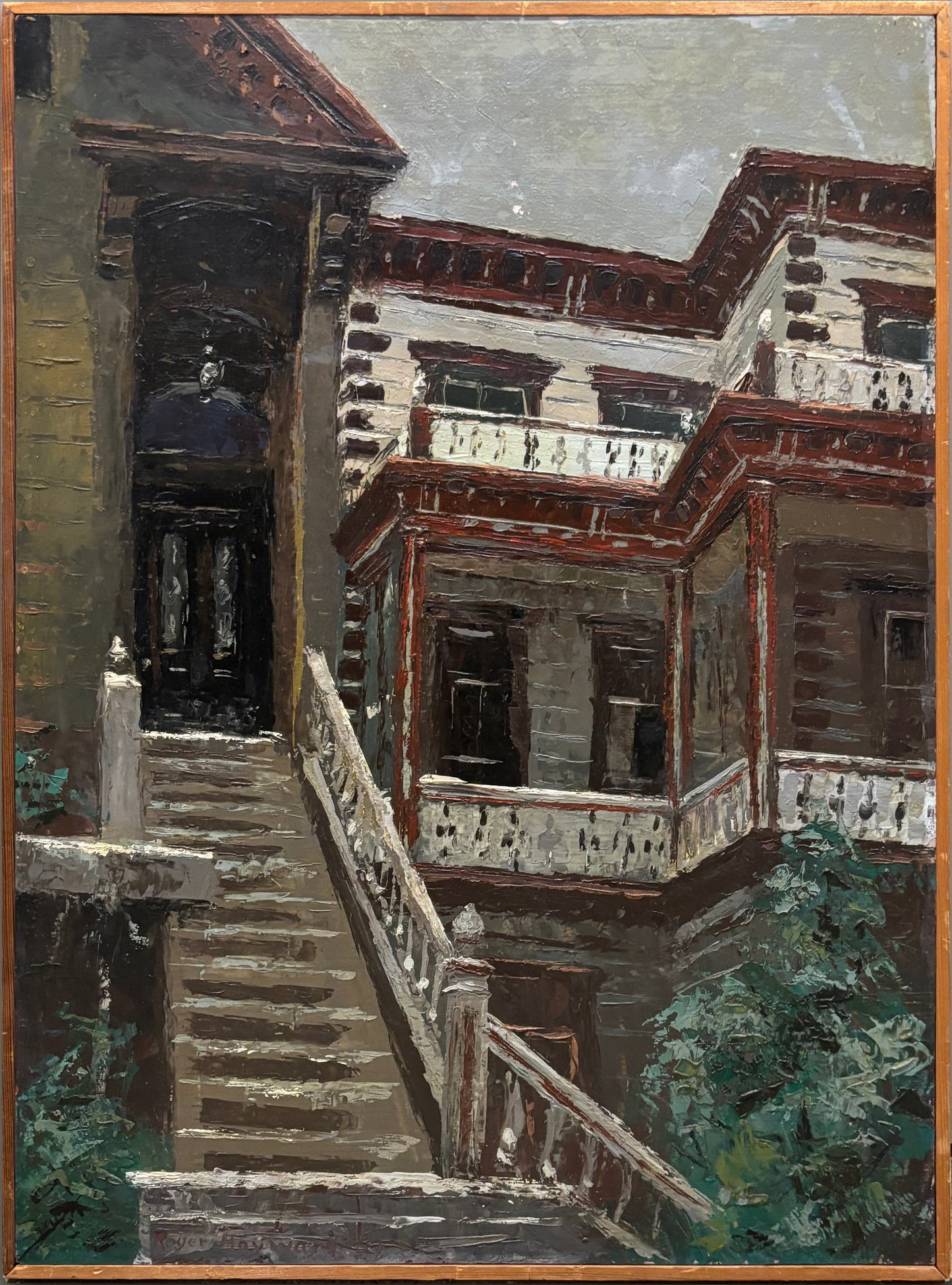 Oil painting of Victorian-style home by Roger Hayward, showing detailed architecture with stairs and balconies