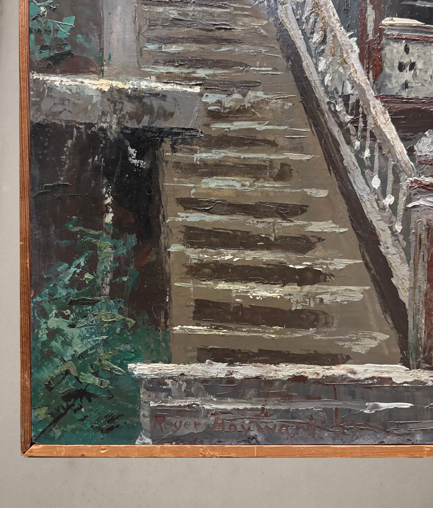 Oil painting of Victorian-style home by Roger Hayward, showing detailed architecture with stairs and balconies, signature