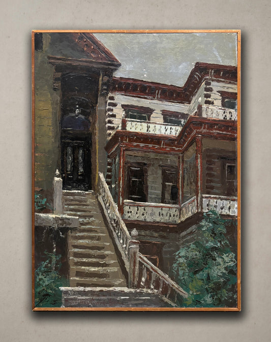 Oil painting of Victorian-style home by Roger Hayward, showing detailed architecture with stairs and balconies