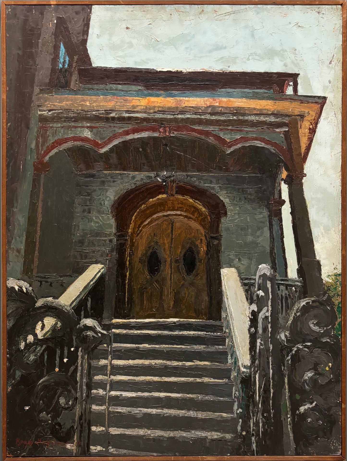Architectural oil painting of a Victorian-style home entrance by Roger Hayward, circa 1957