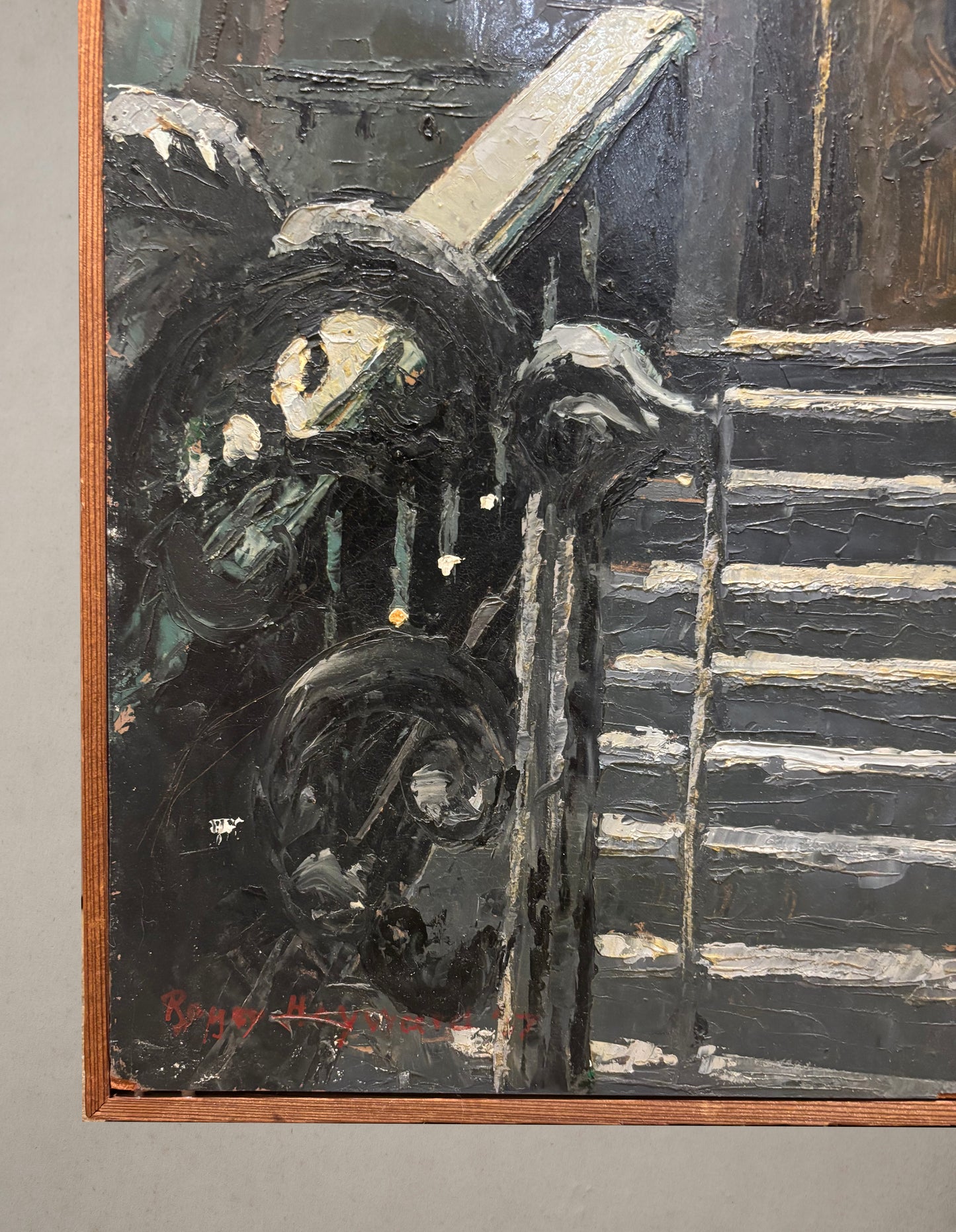 Architectural oil painting of a Victorian-style home entrance by Roger Hayward, circa 1957, signature