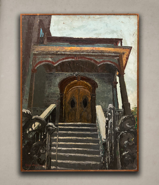 Architectural oil painting of a Victorian-style home entrance by Roger Hayward, circa 1957