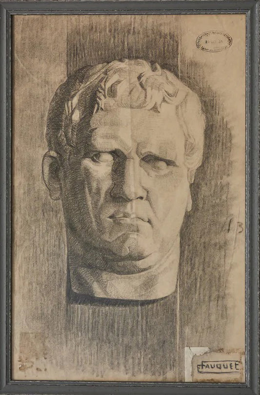 Charcoal drawing of Roman bust by Fauquet, French academic art, 19th century