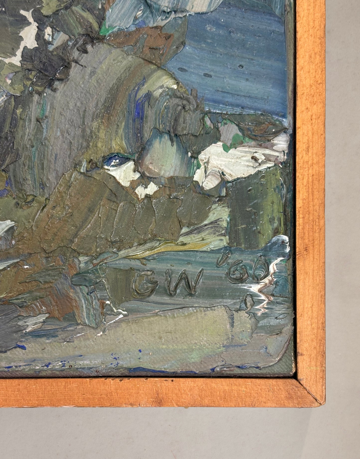 1960 abstract oil painting in green, blue, and neutral tones, signed GW in wooden frame, signed detail