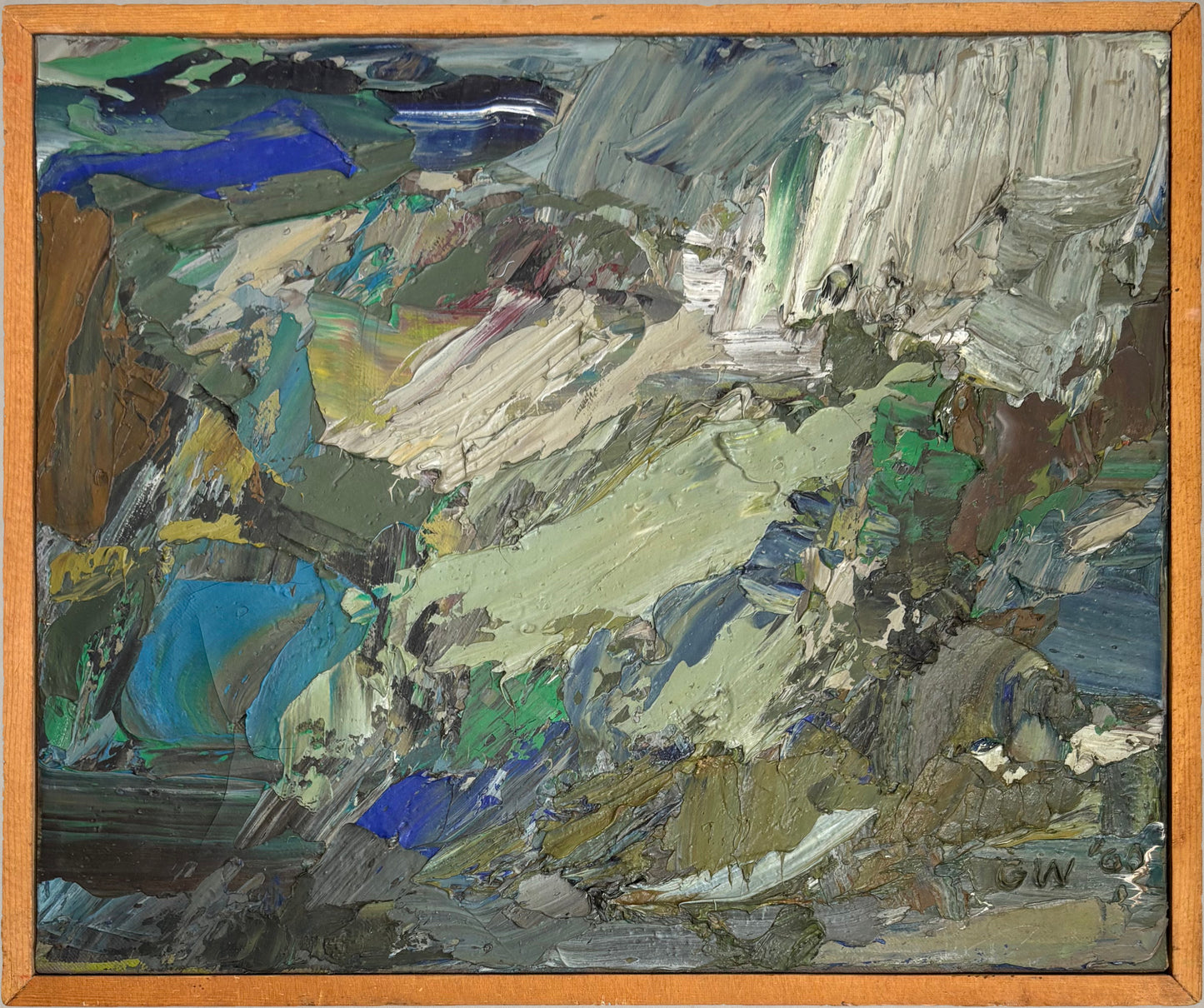 1960 abstract oil painting in green, blue, and neutral tones, signed GW in wooden frame