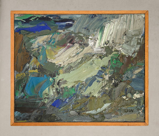 1960 abstract oil painting in green, blue, and neutral tones, signed GW in wooden frame, background