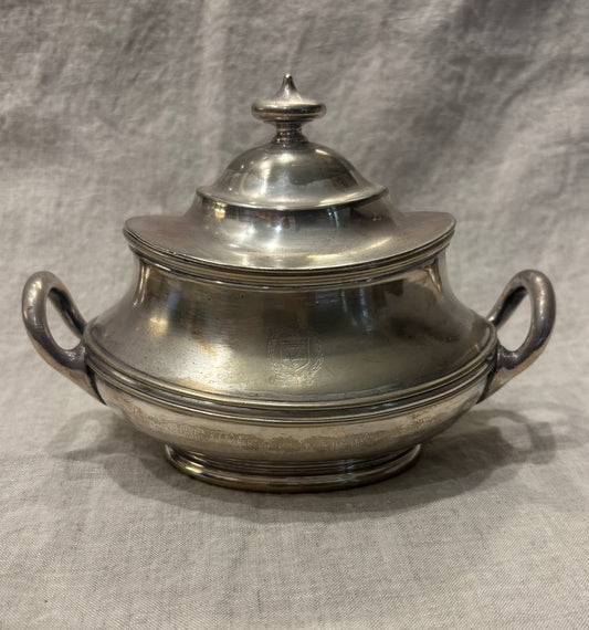 Antique silver-plated sugar bowl by GM Co. with engraved crest and lid