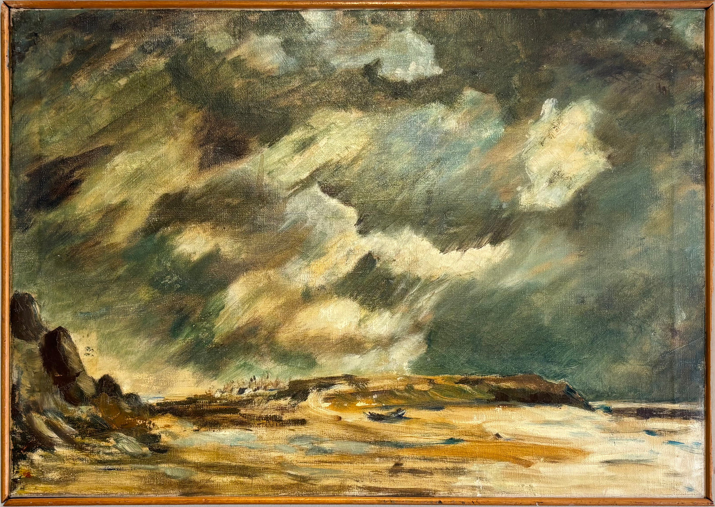 Dramatic coastal seascape oil painting with stormy clouds over Devon, England
