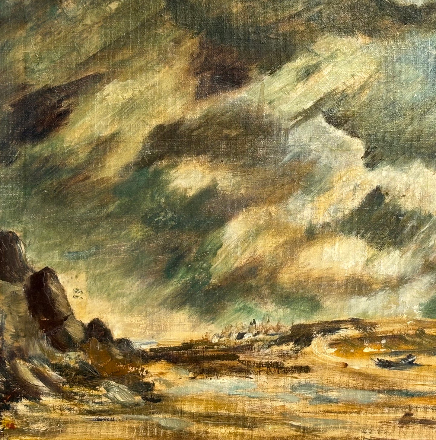 Dramatic coastal seascape oil painting with stormy clouds over Devon, England