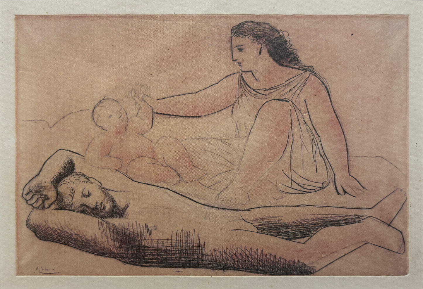 Vintage lithograph of reclining and seated classical figures in gold frame, mid-20th century, no frame